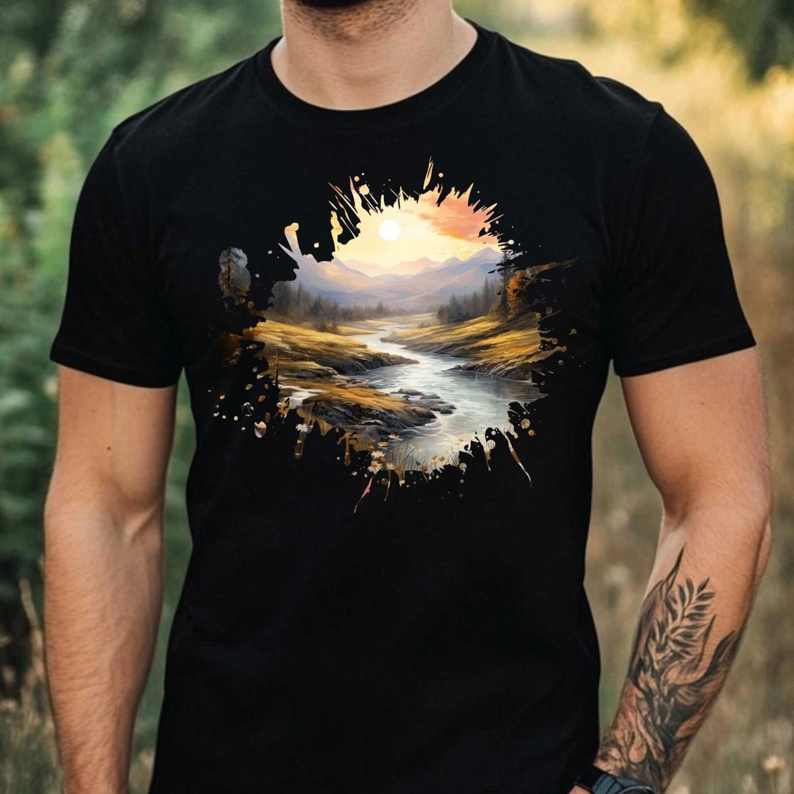 T-Shirt Herren Aquarell Berglandschaft Motiv Baumwolle Größe XS bis 5XL M