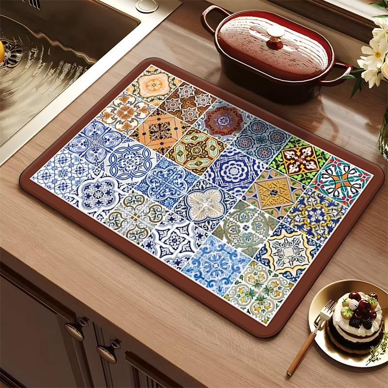 Colored tile series kitchen drain mat absorbent quick drying tableware mat bar insulation mat coffee machine drain mat