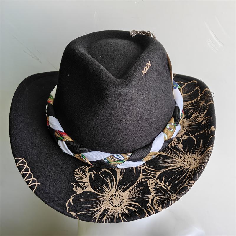 

Painted Cowboy Hat Print cowboy Hat Jazz hat Suede Cowgirl fashion retro Felt hat handmade Fedora Hat Panama sombrero hombre 56-58
