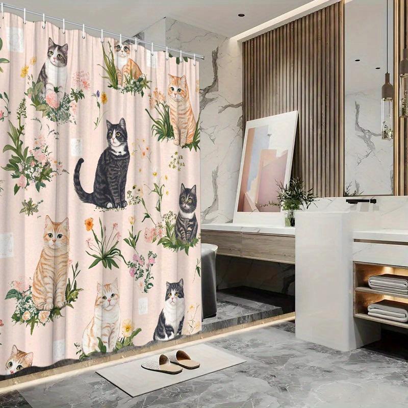 Whimsical Cat Shower Curtain - Colorful Cats & Flowers on Light Pink, Polyester, 70.8x70.8 Inches W90XH180cm