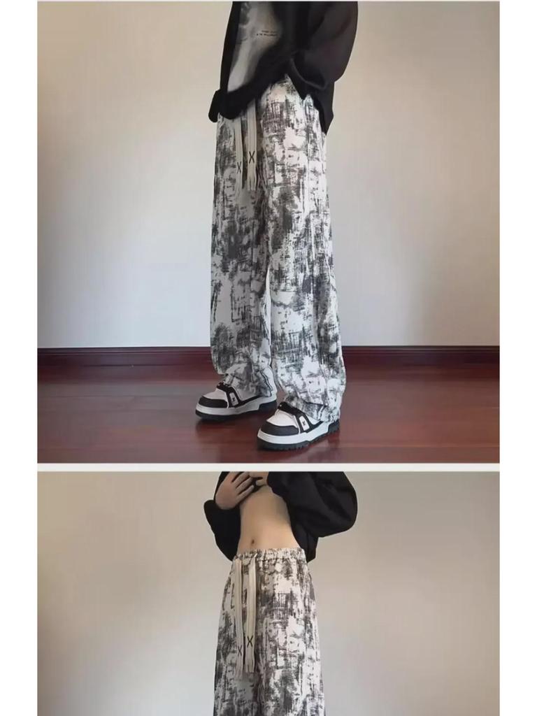 Men's Autumn Tie-Dye Loose-Fit Retro Straight Pants with Velvet