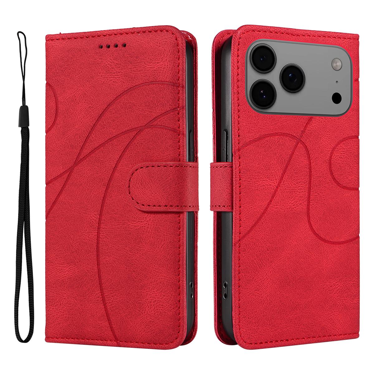 

For iPhone 17 Pro Max Wallet Case Leather Phone Cover Stand with Curved Line Design - Black B