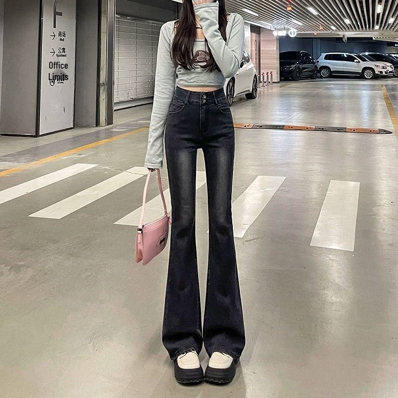 

Женские черно-серые джинсы микро-клеш: Осень 2024, завышенная талия, облегающий крой S