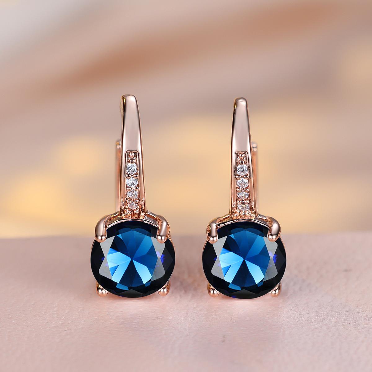 

1 пара розового золотого цвета, серьги круглой огранки, белые, синие, красные, зеленые, с камнями, модные женские свадебные украшения, роскошные аксессуары синий