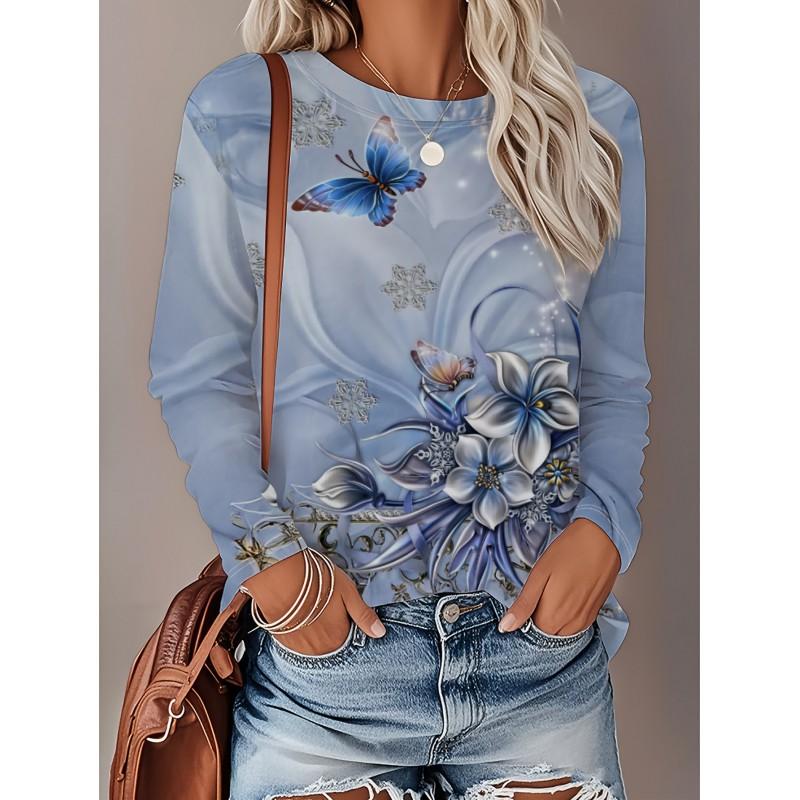 Womens Loose Fit Long Sleeve Round Neck T-Shirt With 3D Dinosaur Christmas Tree Print Milk Silk Fabric