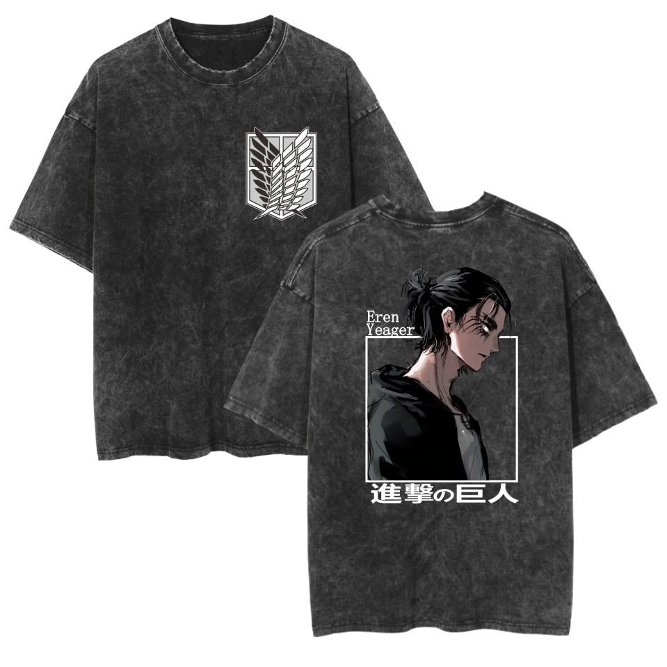 Washed Retro T-shirt ATTACK ON TITAN Anime Casual Cotton Summer Short-sleeved Shirt Men's and Women's T-shirts