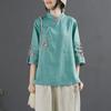 2024 Women's Spring Retro Cotton-Linen Shirt: Chinese Style, Stand Collar, Embroidered Tea Service, Buttoned Slant Lapel