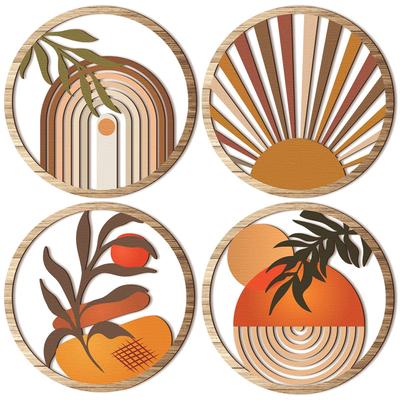 4Pcs Wooden Wall Bohemian Wall Art Farmhouse Bohemian Country Yard Decoration Round Shape Wall Hanging Decor
