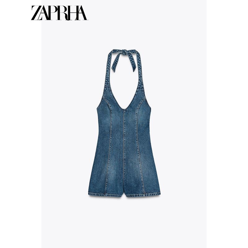Zaprha 2025 New Neck Collar Backless Denim Jumpsuit Women Small Wide Leg Shorts 4365084