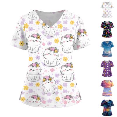 Women's Fashion V-Neck Short Sleeve Overalls With Pockets  Print Tops  Clothes