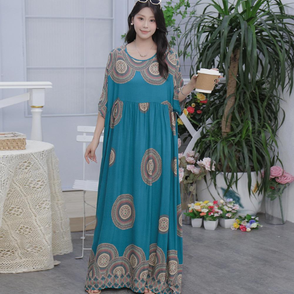 South East Asia 100kg super fat dress fat girl plus short sleeve maternity dress loose floral beach long skirt