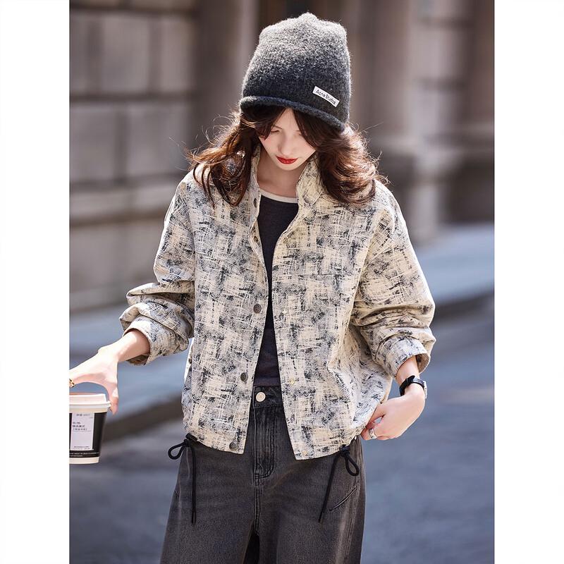 Stand-Collar Faux Denim Jacket L