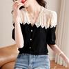 Women French Retro Lace Splicing Black Short Sleeve Elegant Casual Shirt