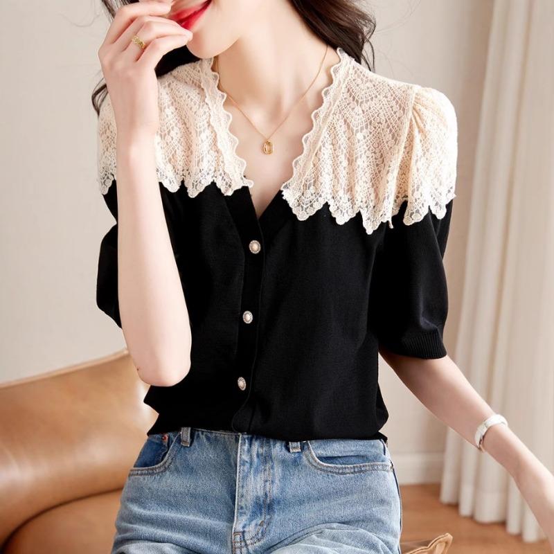 Women French Retro Lace Splicing Black Short Sleeve Elegant Casual Shirt S