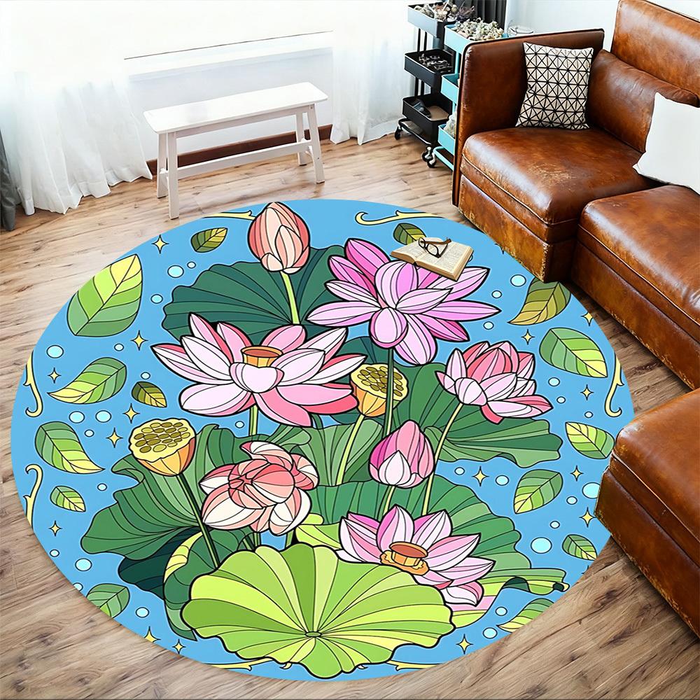 1pc Lotus Flower Leaves Round Chair Mat Office Area Rug - Non-Slip, Floor Mat for Office, Bedroom, and Indoor Decor P127102