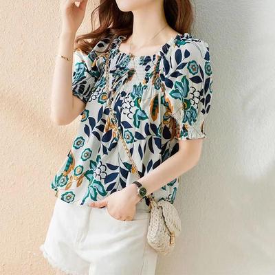 Zomer Nieuwe Dameskleding Vierkante Hals Mode All-match Print Blouse Dames Koreaanse Pofmouwen Casual Zoete Stijl Blouses