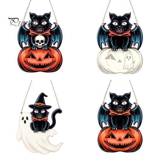 Festive Wooden Wall Hanging Halloween Door Sign, Black Cat Bat Pumpkin Plaque with Indoor Outdoor Holiday Ornament Jute Rope, Farmhouse Front
