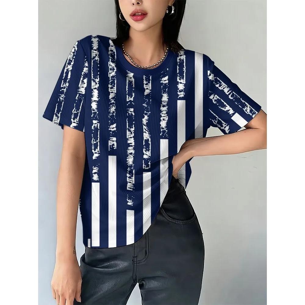 Summer Fashionable Soft Daily Short Sleeved T-shirt Colorful Vertical Stripes Slimming Breathable Comfortable Women s T-shirt S