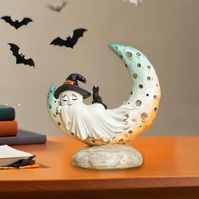 Yousheng Fantôme Endormi sur une Statue de Lune Fantôme d'Halloween Endormi Figurine avec Chat Noir Mignonne Sculpture de Fantôme en Résine pour Décoration de Maison Tablette Étagère