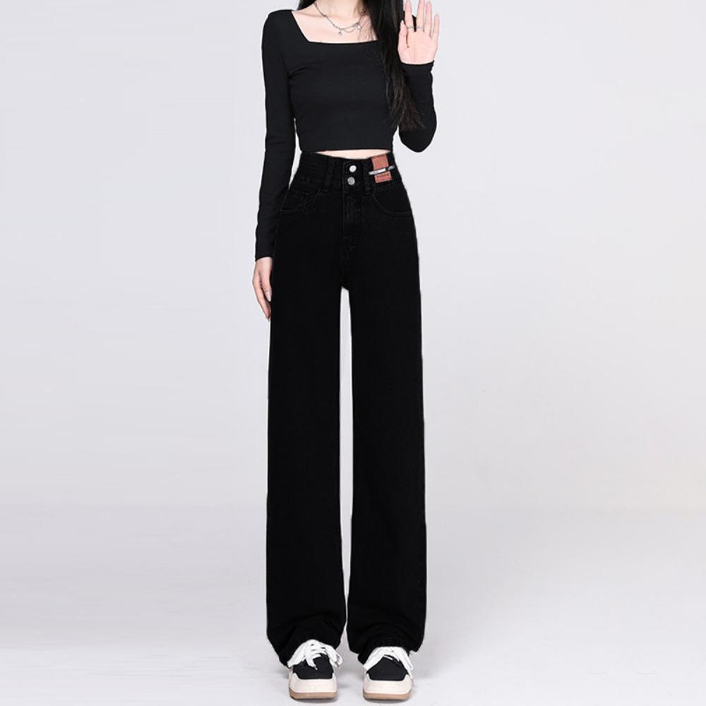 

Джинсы с высокой посадкой на талии, на пуговицах, с широкими штанинами, женские, весна-осень, новые, универсальные, для работы, свободные, длинные. 2XL чёрный