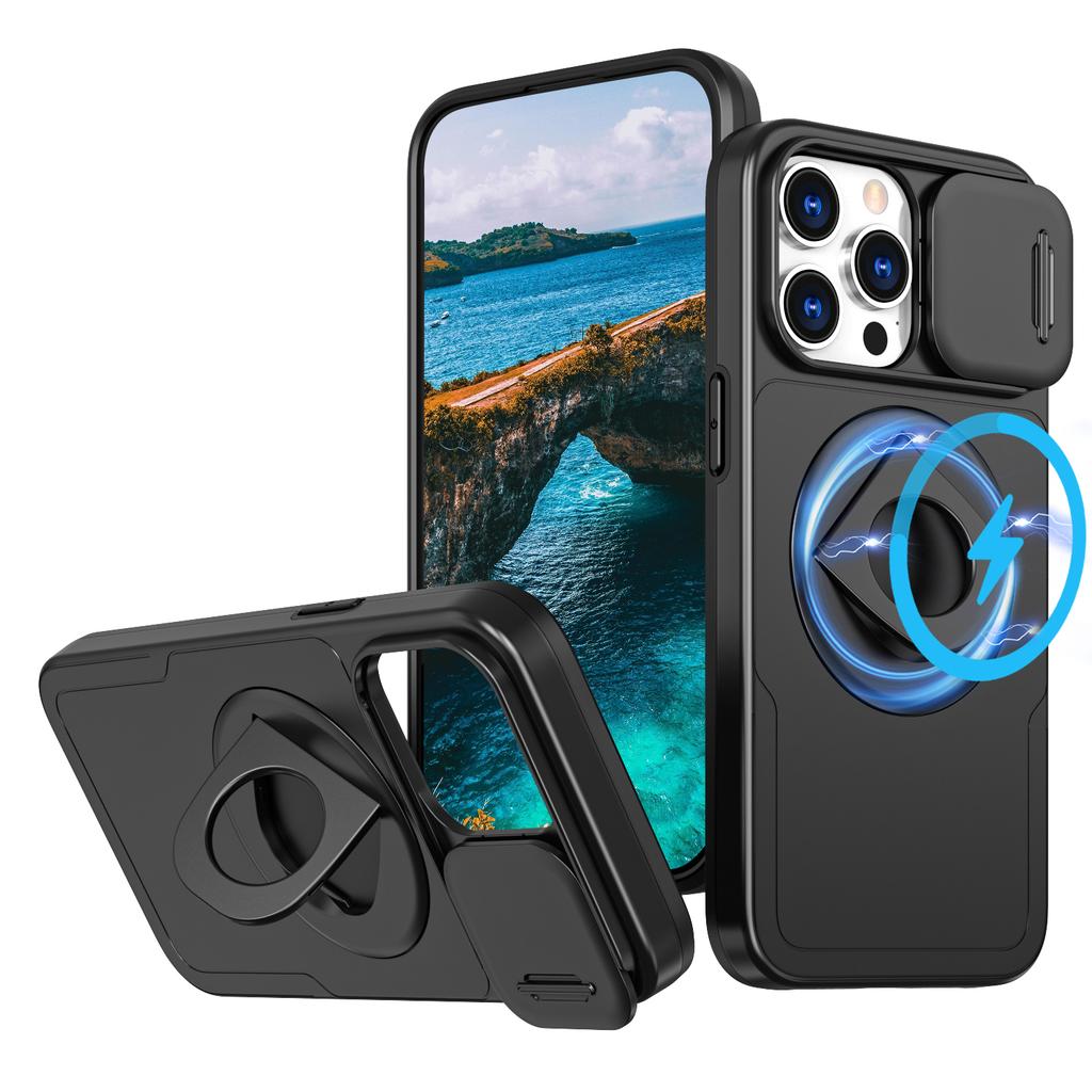 Luxury Magnetic Slide Camera Protection Case For iPhone 16 15 14 13 12 11 Pro Max Plus X XS XR 8 7 For Magsafe Ring Stand Cover