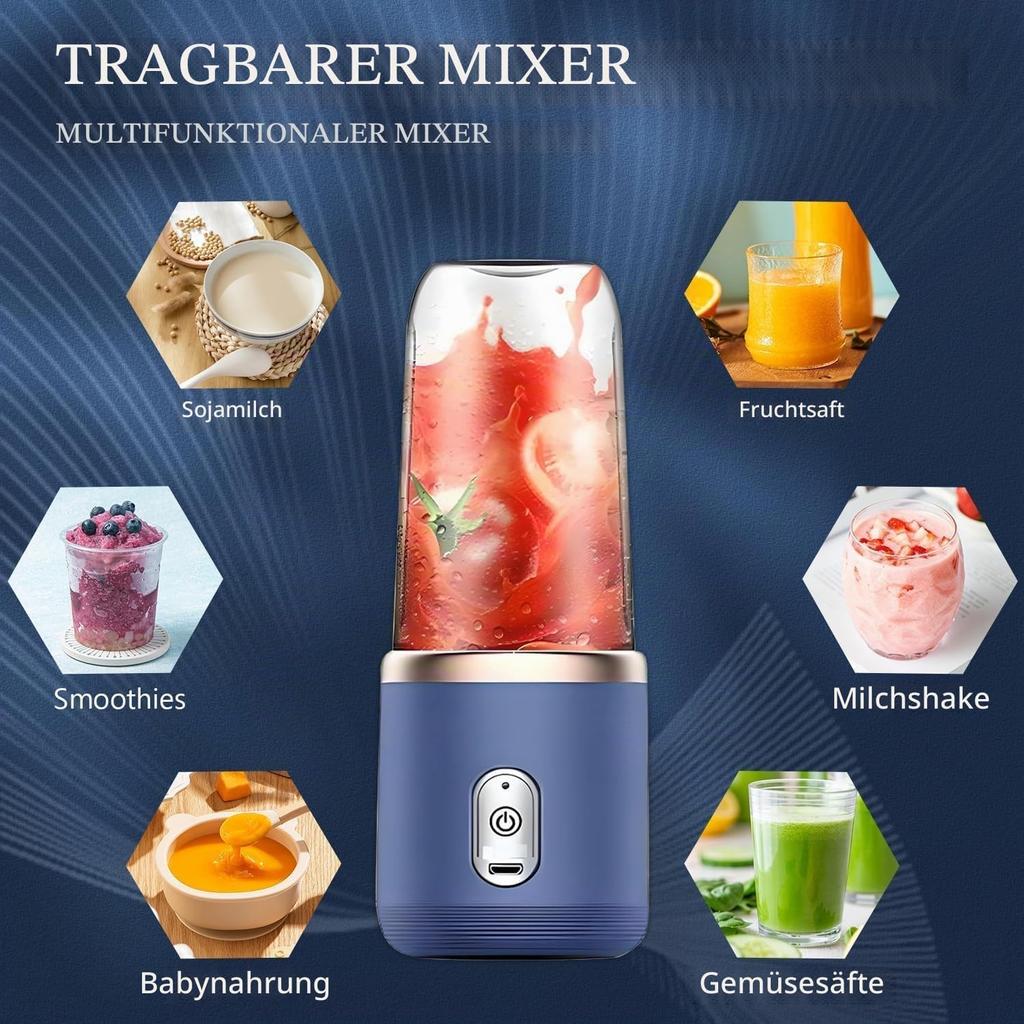 Mini Blender for Milkshakes and Smoothies, USB Rechargeable 6-Blade Fruit Juice Cup, Portable Mixer for Kitchen, Travel, Outdoor and Sports