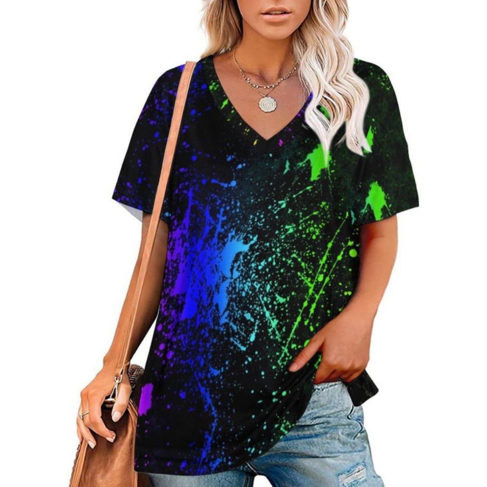 Summer V-neck 3D Colorful Splash Printed T-shirts Fashionable Casual Short Sleeved Women's T-shirts