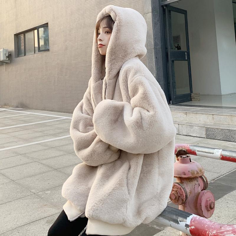New imitation rabbit fur jacket women's winter plush top cocoon-shaped thickened hooded long