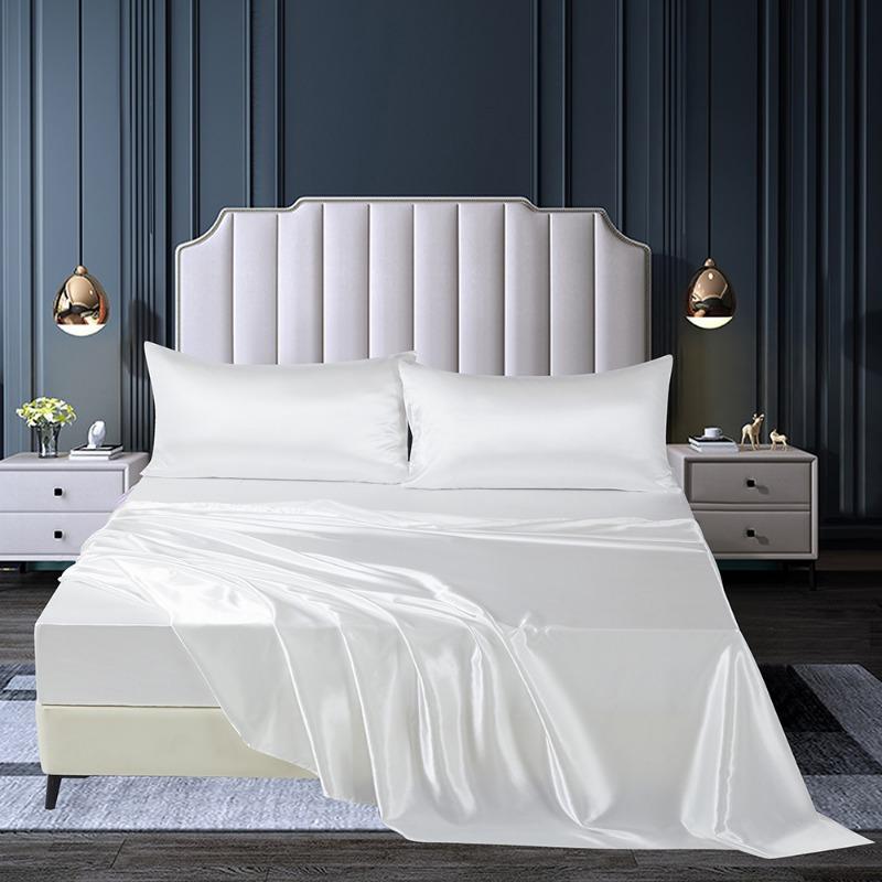 Summer Satin Silk-like Bed Sheet Set (Flat Sheet + Fitted Sheet + Pillowcase) Solid Color Mattress Cover Twin Full Queen Size