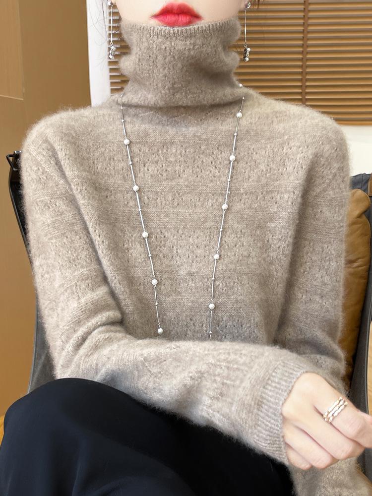 Women's Pure Wool Mock Neck Sweater - Seamless Hollow Knitwear for Autumn/Winter