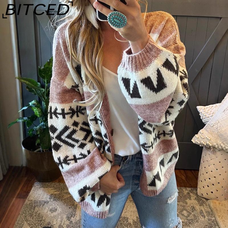 BITCED Fall/Winter Oversized Relaxed-Fit Jacquard Color-Block Knit Cardigan Sweater Jacket for Women