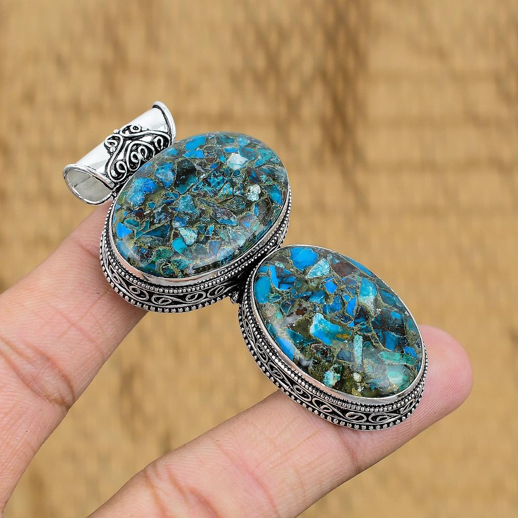 Birthday Gift For Her Natural Copper Chrysocolla Pendant Vintage 925 Silver