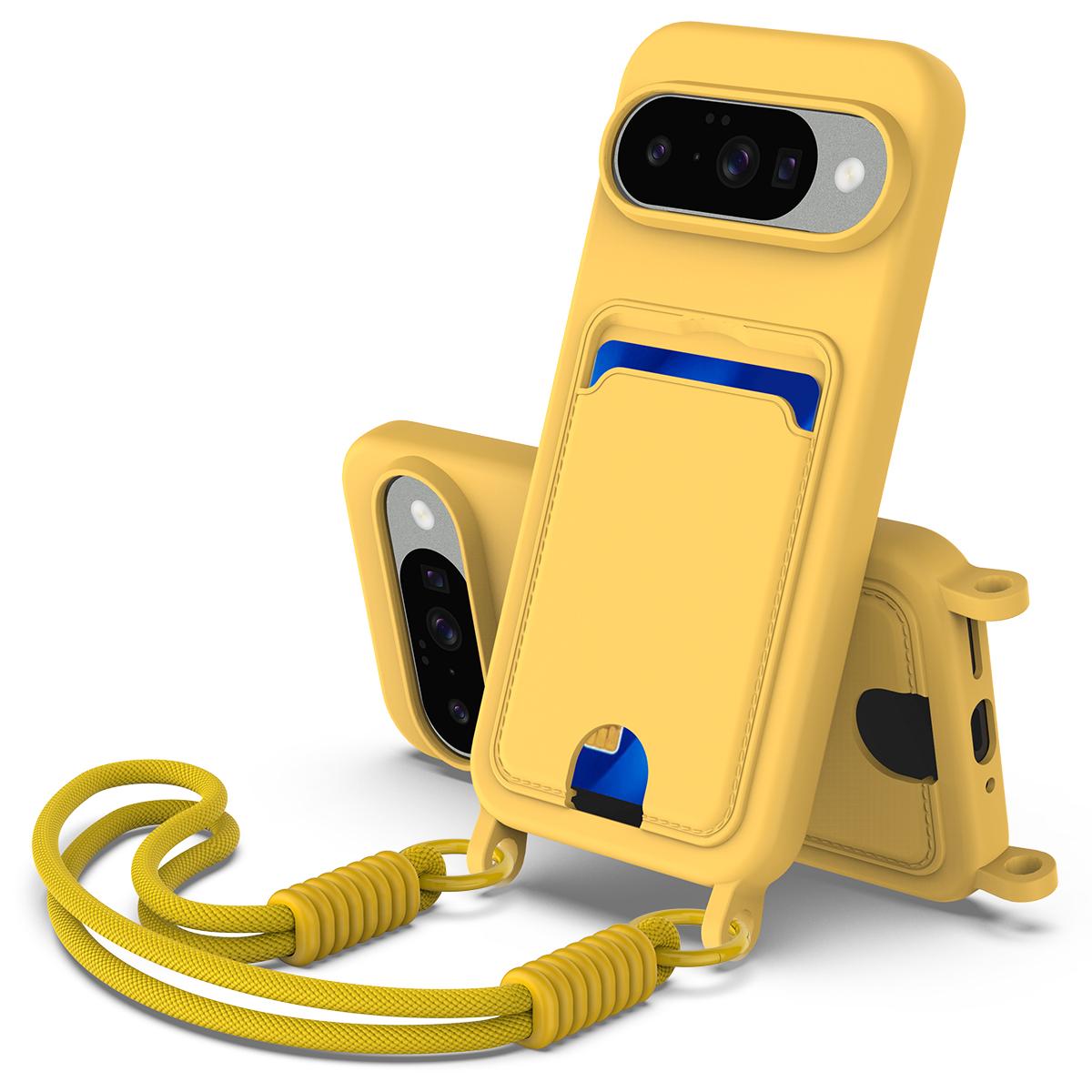 

For Google Pixel 10 Liquid Silicone Case Phone Back Cover with Card Holder and Short Strap Yellow