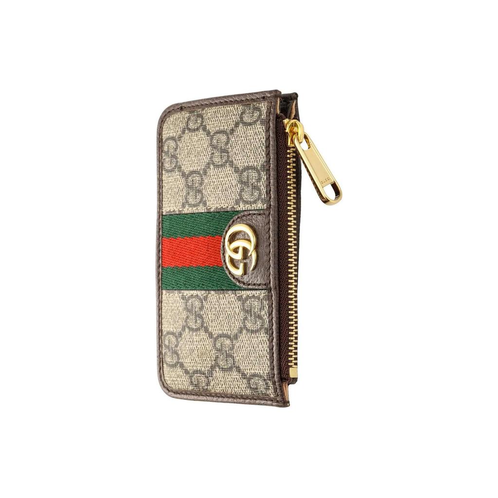 GUCCI Ophidia woven strap with aged logo stripes  canvas and leather patch  card holder and card bag  unisex and couple style  blackwood/brown