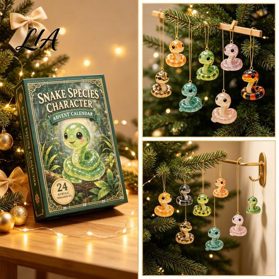 Calendrier de l'Avent Compte à Rebours pour Noël Dessin Animé Serpent, 24 Jours Acrylique 2D Plat Boîte Festive Figurines, Objets de Collection pour Décorations de Maison et de Voiture