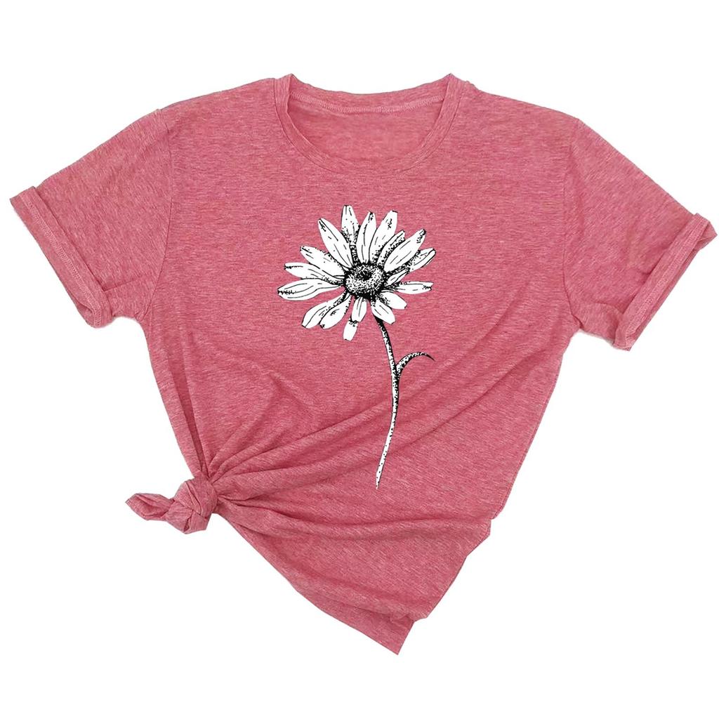 Women's Fashion Solid Color Round Neck Floral Print Pullover Casual T-Shirt