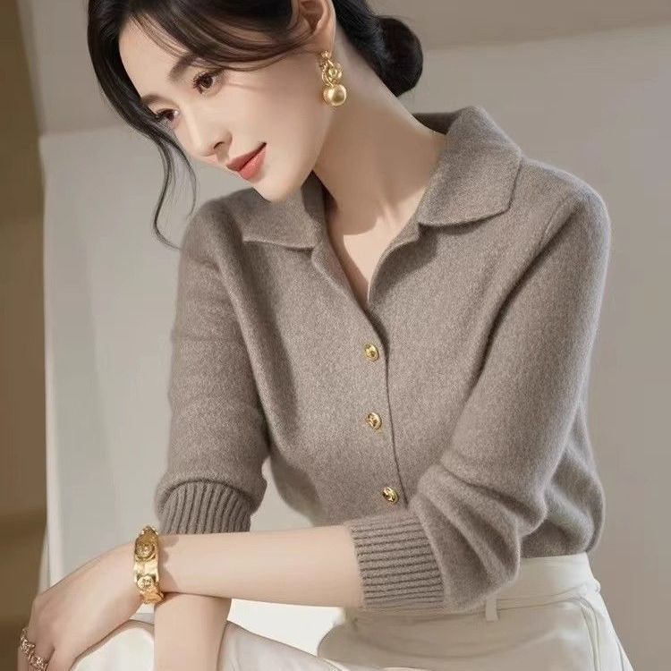 

Solid Color Cardigan Sweater Long-sleeved Polo Neck Knitted Sweater Cardigan Sweater for Women XL