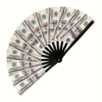 A Large Bamboo Folding Fan with a Money Print - No Charging, No Battery Required - Perfect for EDM, Music Festivals,clubs,events,decorations and Gifts