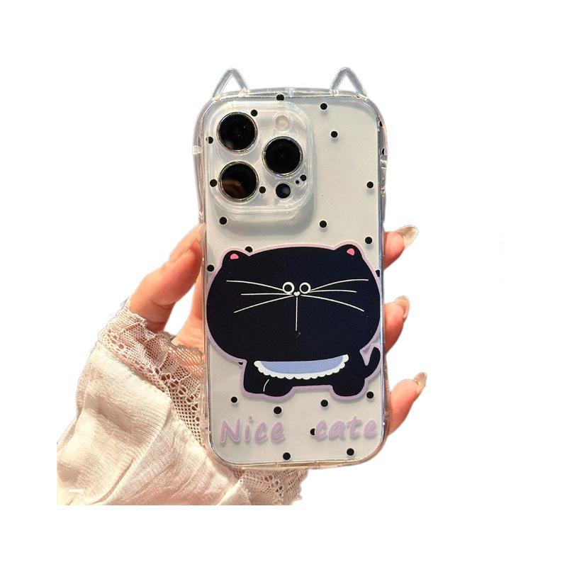 New Model Suitable for IPhone16promax Big Face Black Cat Protective Case Apple 15 Cute Polka Dot Lanyard Mobile Phone Case