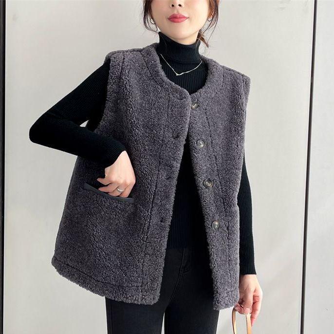 Gilet en laine d'agneau grande taille: Veste sans manches confortable d'automne/hiver pour femmes