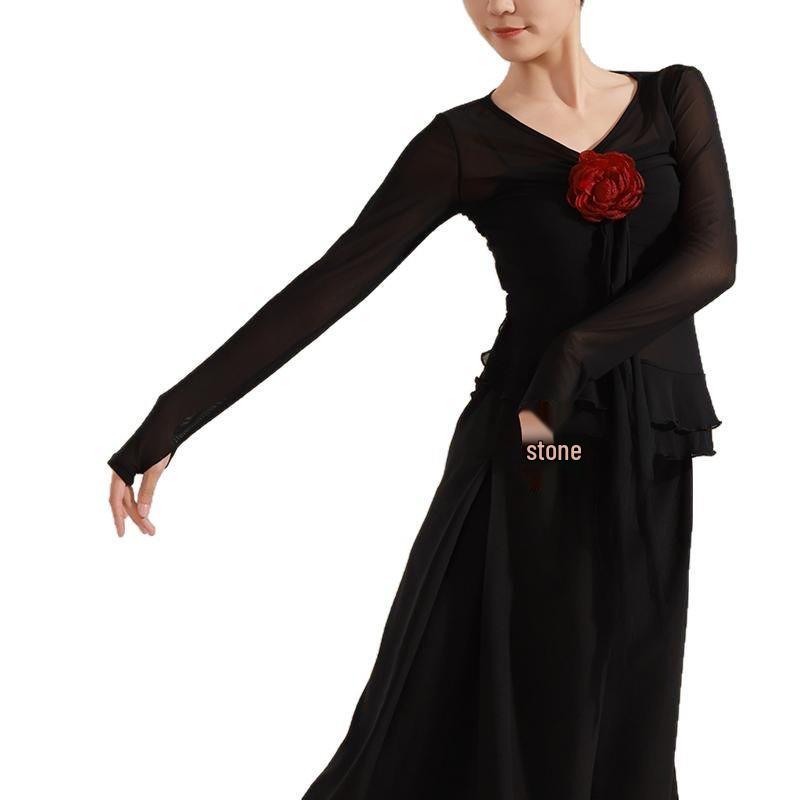 Women's Elastic Floral Long Sleeve Dance Costume - Slim Fit Modern Performance Top