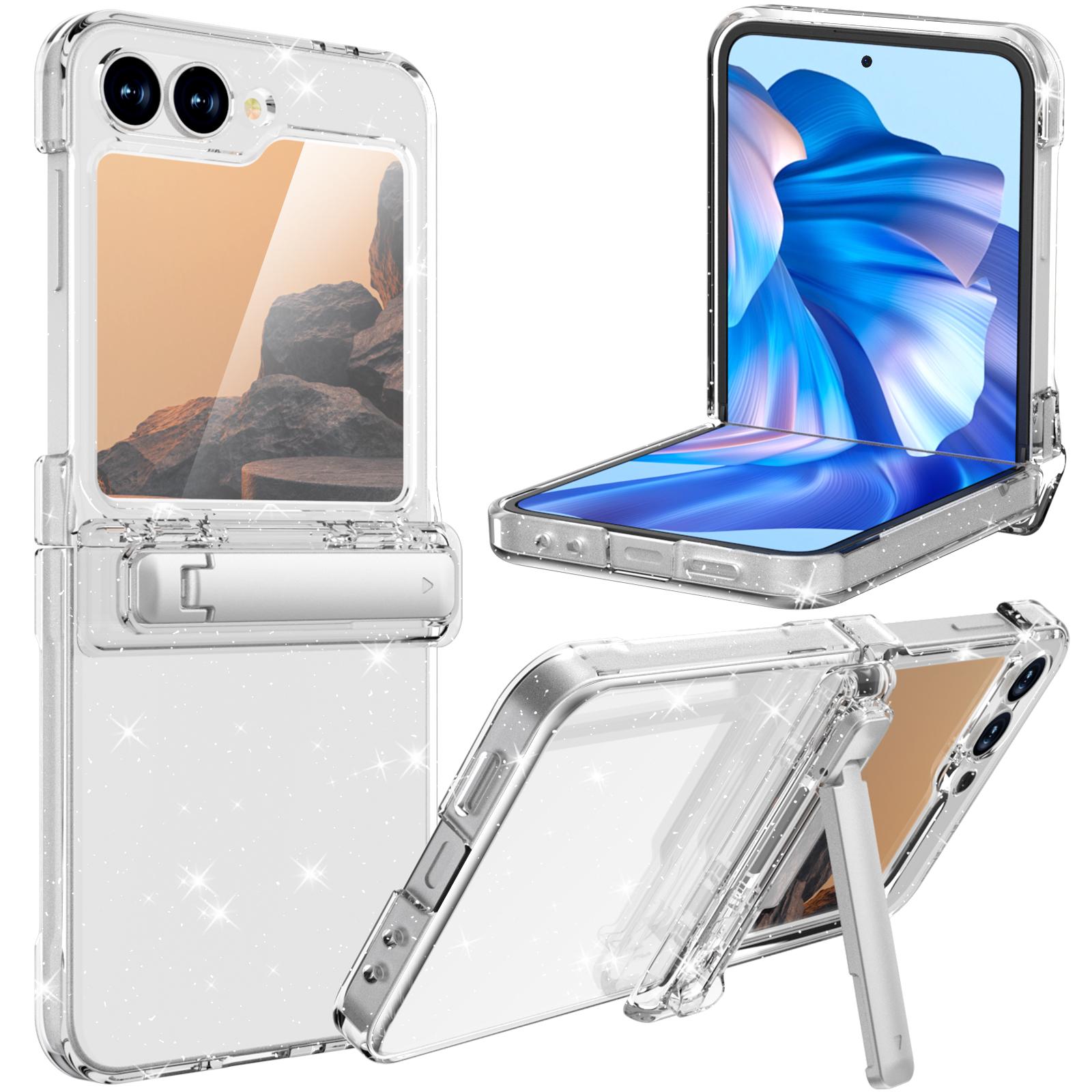 

GW18 For Samsung Galaxy Z Flip7 FE 5G/Flip6 5G Case Rubberized Hard PC Kickstand Phone Cover Clear Glitter
