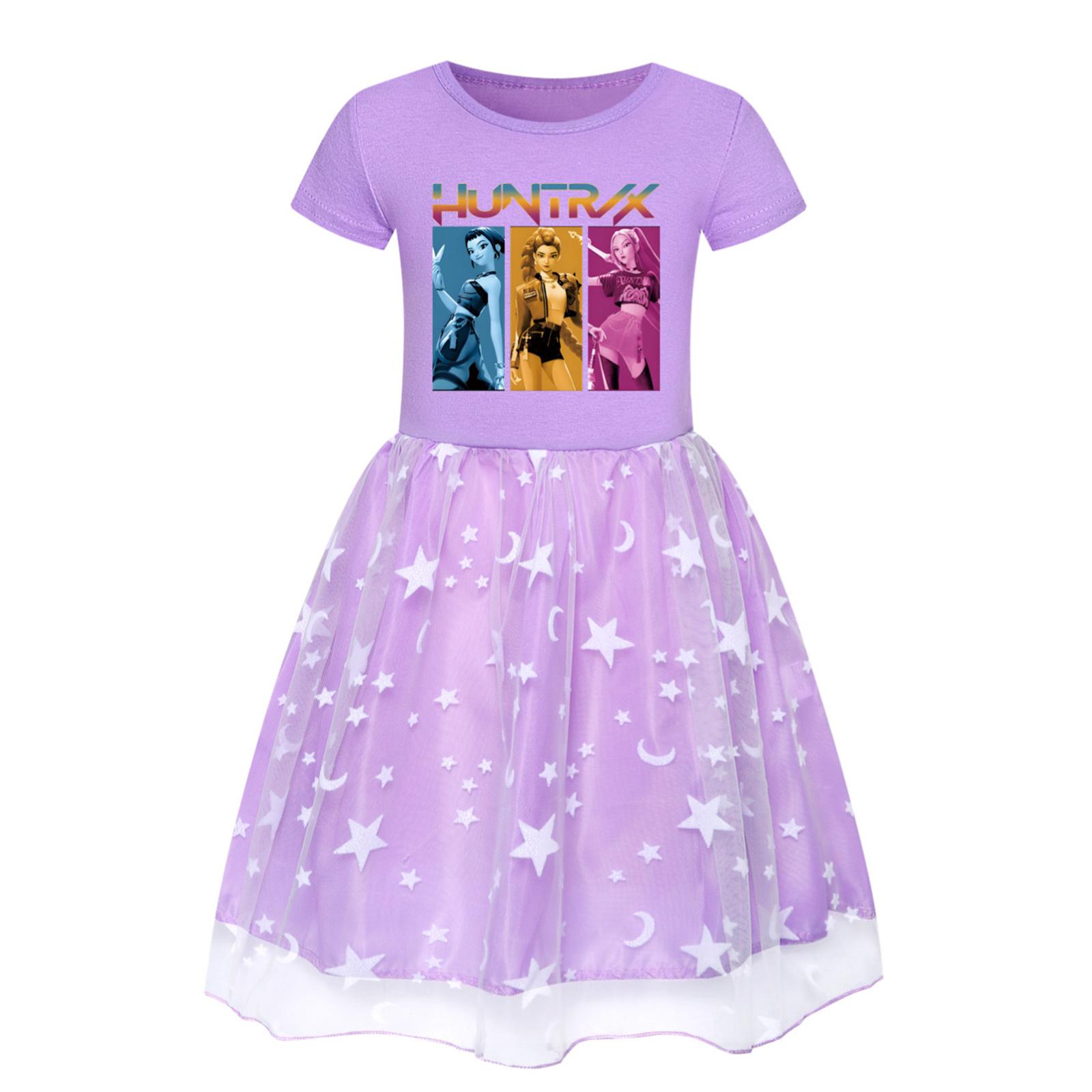 

Girls Star-Print Skirt Round-Neck Short-Sleeve Colorful Lace Patchwork Dress 150 фиолетовый