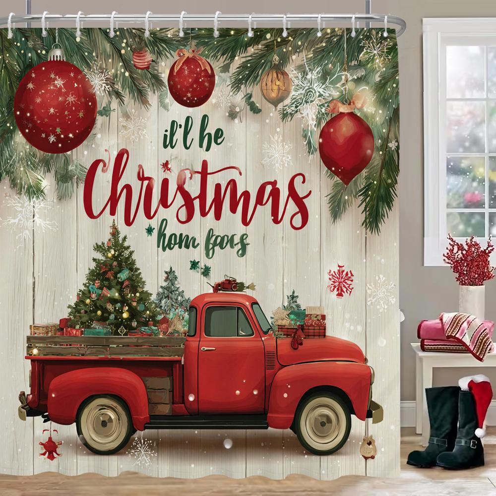 Christmas truck Shower Curtain, Christmas Bathroom Curtain Decoration With Hook Fabric Christmas Gift Curtain, with Hooks