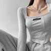 Sweet & Spicy Women's Long Sleeve Fishbone Drawstring Square Neck Top