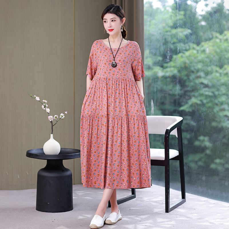 Plus Size Floral Dresses for Women  Oversize Loose Short Sleeve Summer Long Dress Middle-aged Women Summer Sundresses