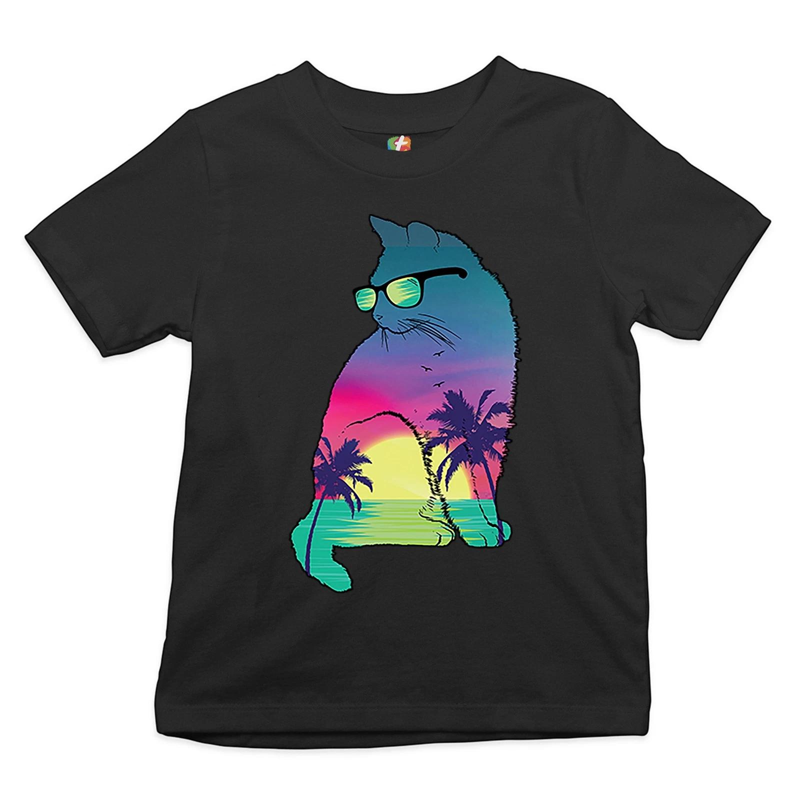 

Neon Cat in Sunglasses Youth kids boys T-Shirt Tropic Kitten Summer Beach Kitty Kids 100