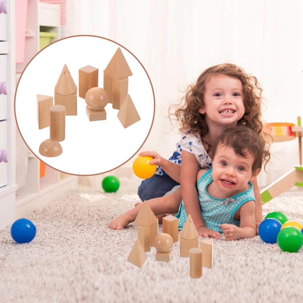 Gadpiparty Wooden Blocks, Cubes, Building Blocks, Geometry Blocks, 3D, 12 Pieces, Wooden 3D Models, Math, Oval, Pyramid, Geometric Models, Learning