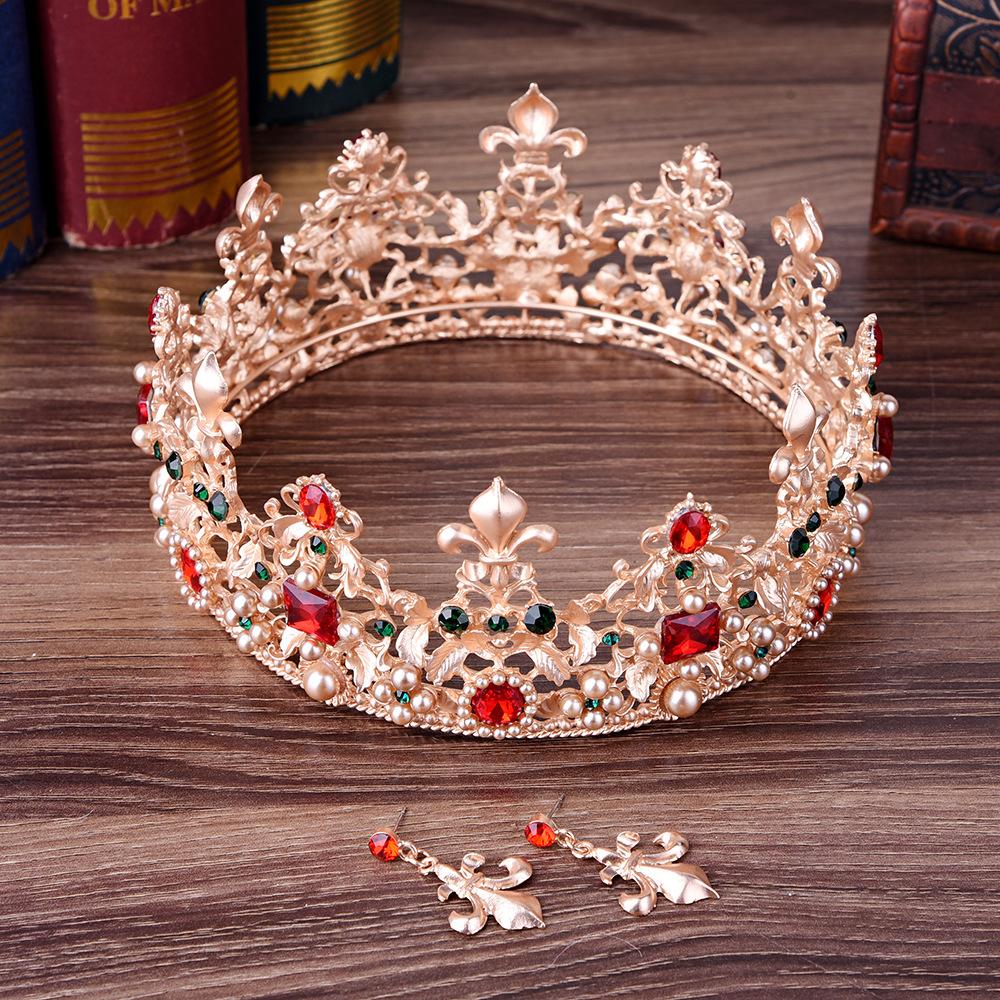Wedding Retro Round Large Crown Luxurious Baroque Red Bridal Wedding Crown Earrings Set