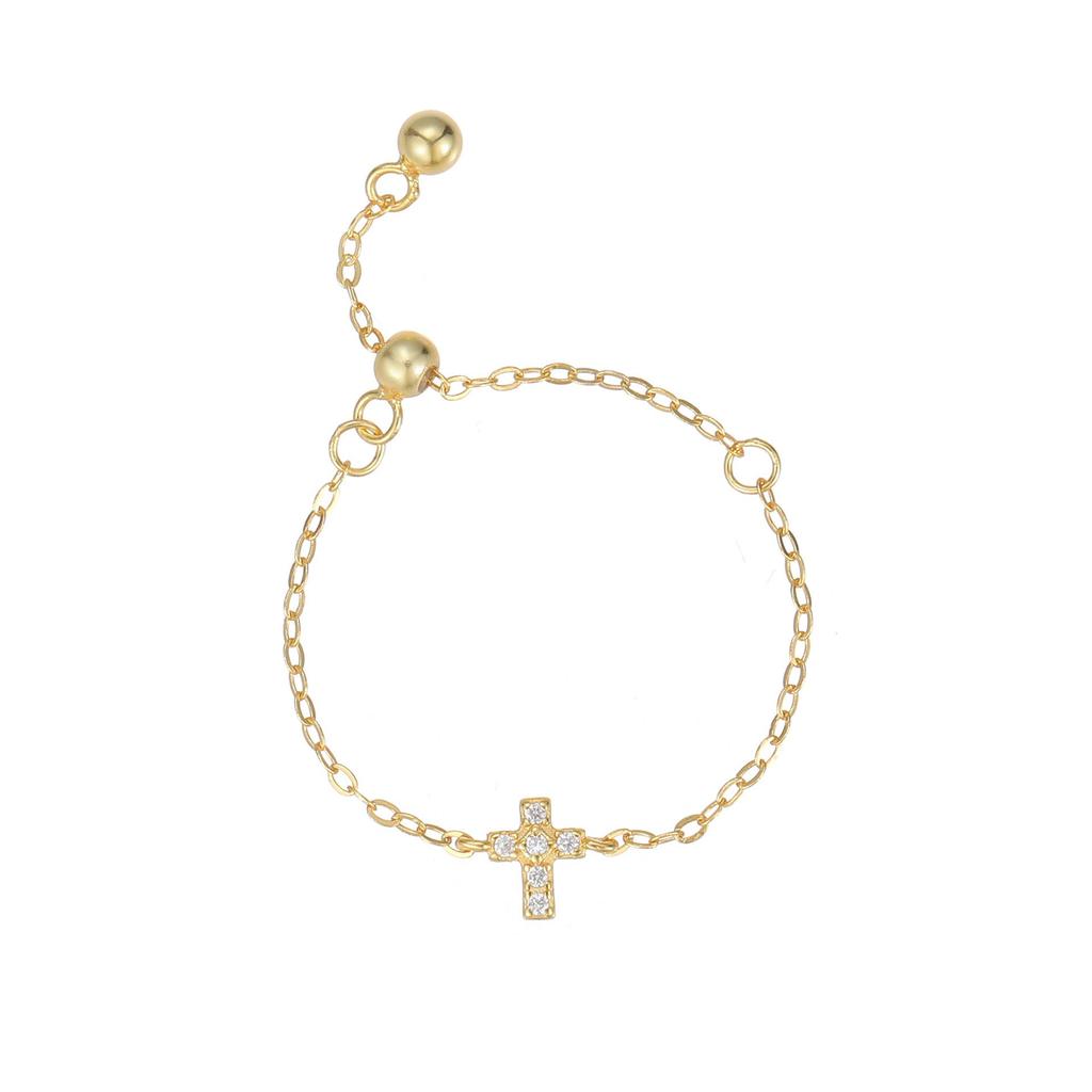 S925 Sterling Silver Adjustable Ring with Diamond-Set Cross, 18K Gold Plated, Minimalist Stackable Design.